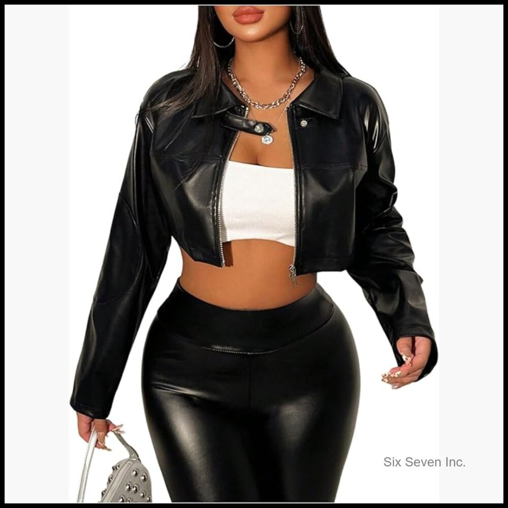 PU Leather Zipper Buckle Belted Long Sleeve Motorcycle Crop Jacket